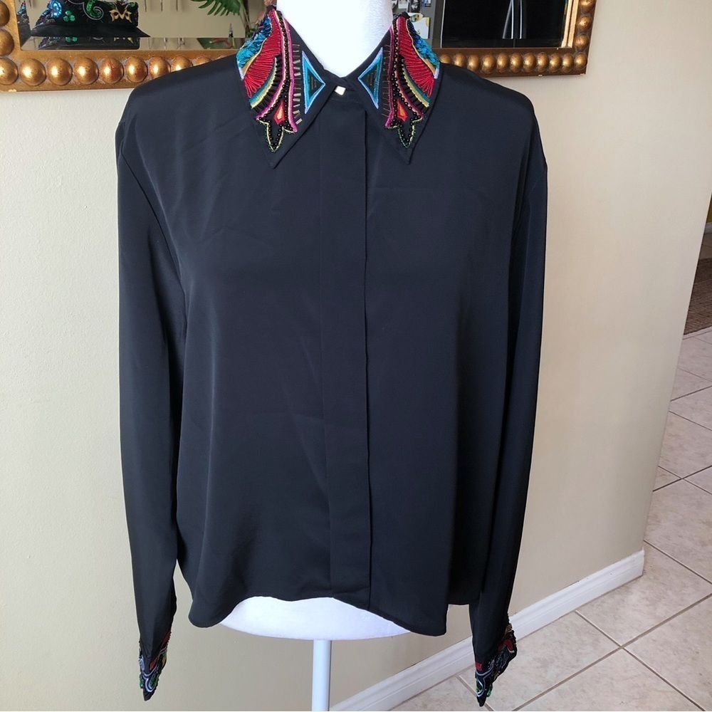 Karen Scott Black Bejeweled Embellished Button Up Long Sleeve Blouse Size 16
